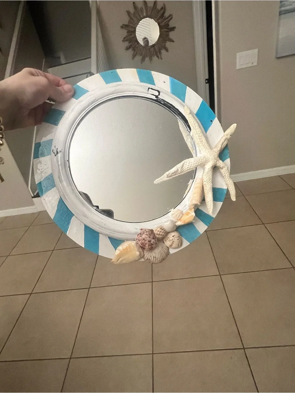 Handcrafted Coastal Striped Round Wall Mirror with Shell Accents- 12” Blue/White